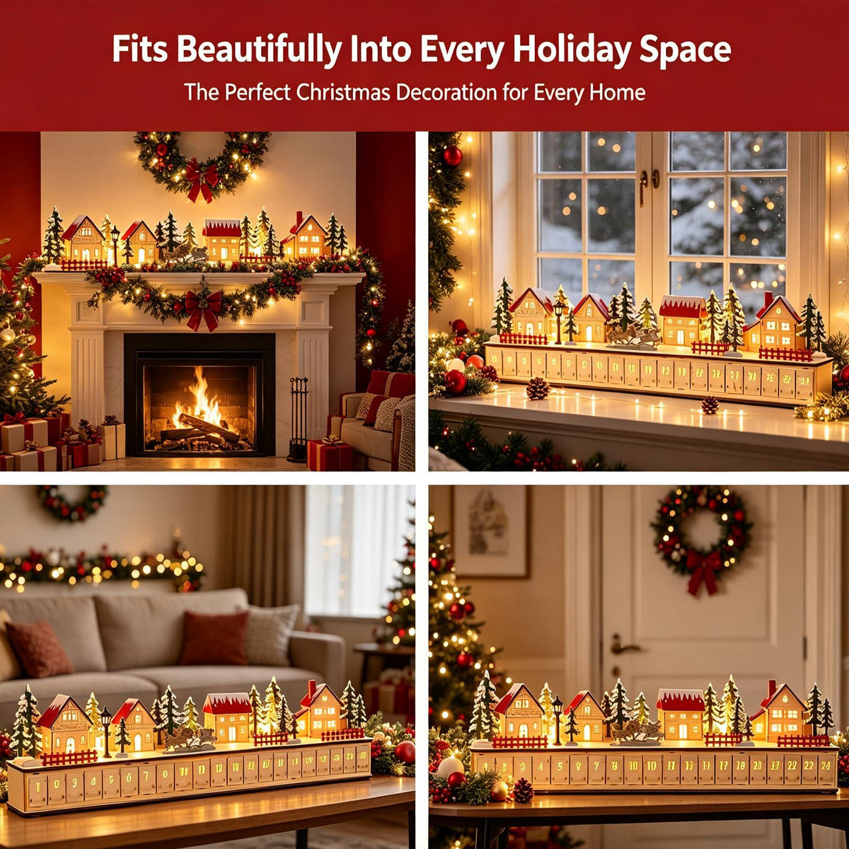 24-Drawer Wooden Advent Calendar – Light-Up Christmas Village Countdown Decoration
