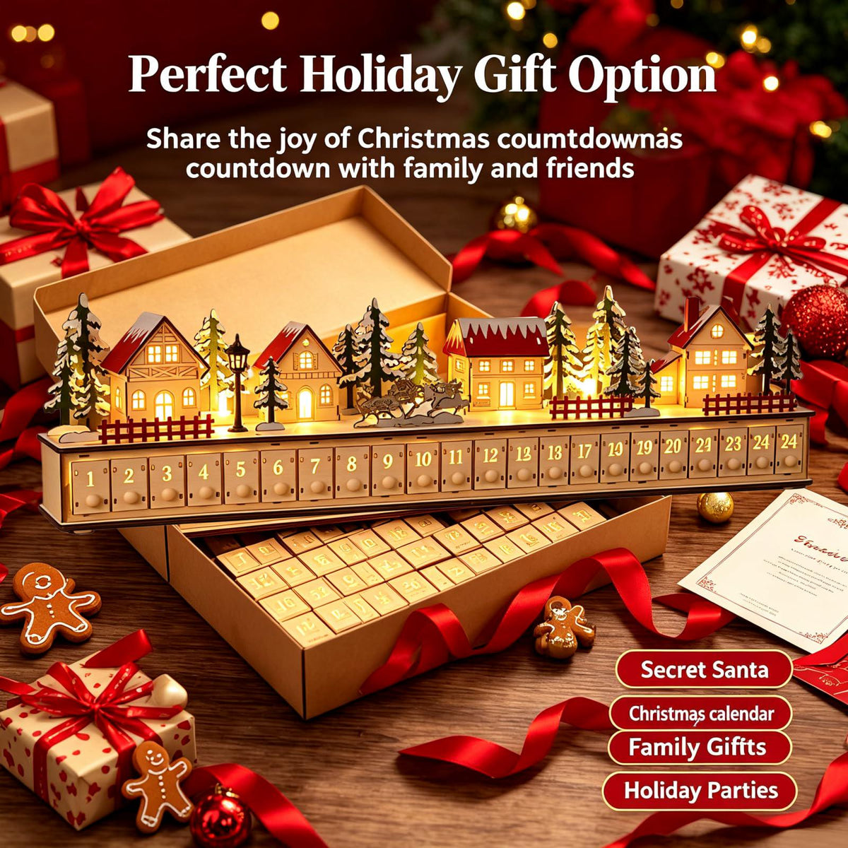 24-Drawer Wooden Advent Calendar – Light-Up Christmas Village Countdown Decoration
