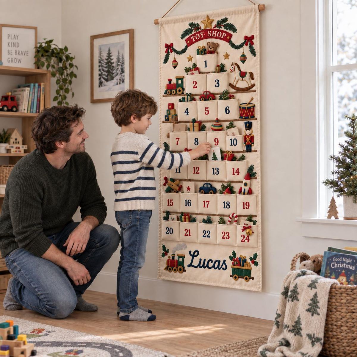 Christmas Advent Calendar with 24 Fillable Pockets – Personalized Reusable Family Countdown