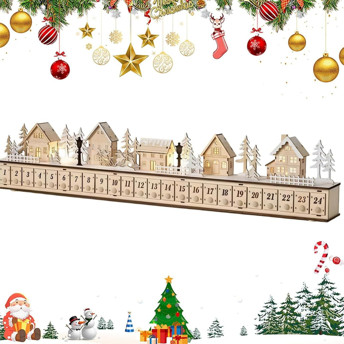 24-Drawer Wooden Advent Calendar – Light-Up Christmas Village Countdown Decoration