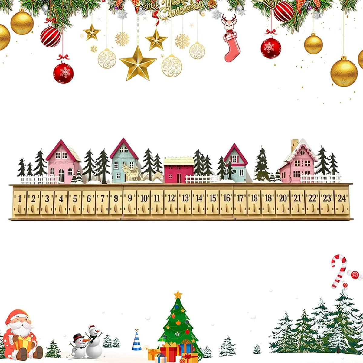 24-Drawer Wooden Advent Calendar – Light-Up Christmas Village Countdown Decoration