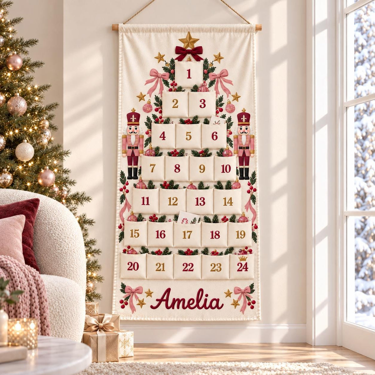 Christmas Advent Calendar with 24 Fillable Pockets – Personalized Reusable Family Countdown