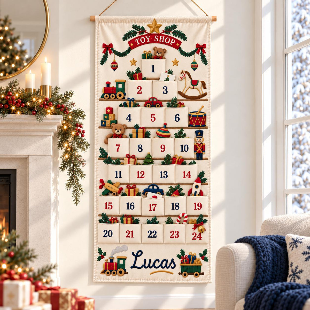Christmas Advent Calendar with 24 Fillable Pockets – Personalized Reusable Family Countdown