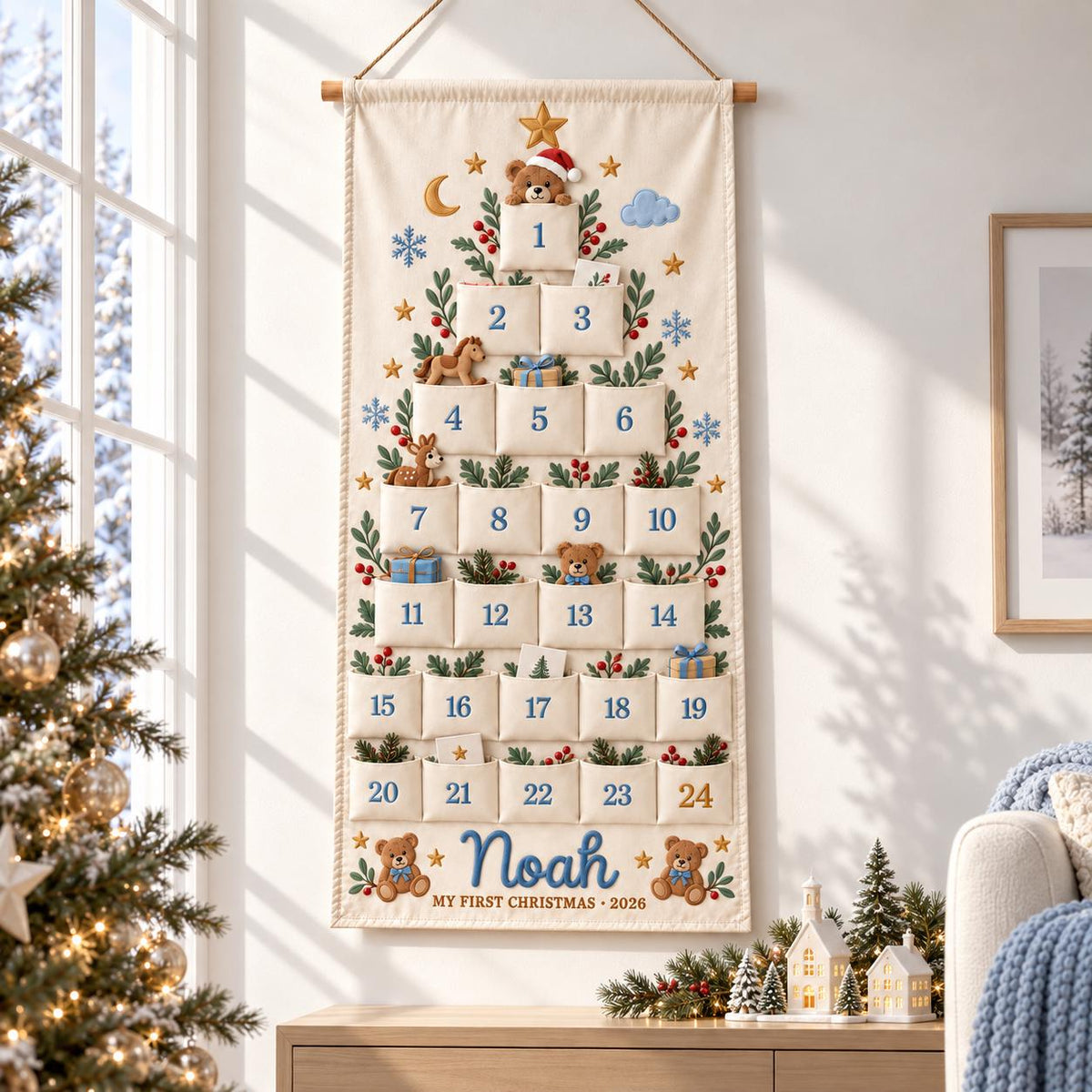 Christmas Advent Calendar with 24 Fillable Pockets – Personalized Reusable Family Countdown