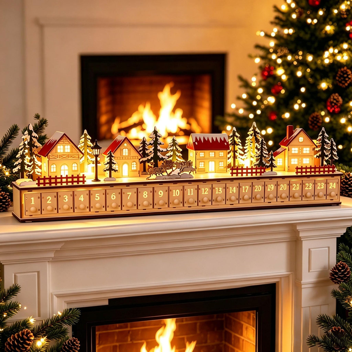 24-Drawer Wooden Advent Calendar – Light-Up Christmas Village Countdown Decoration