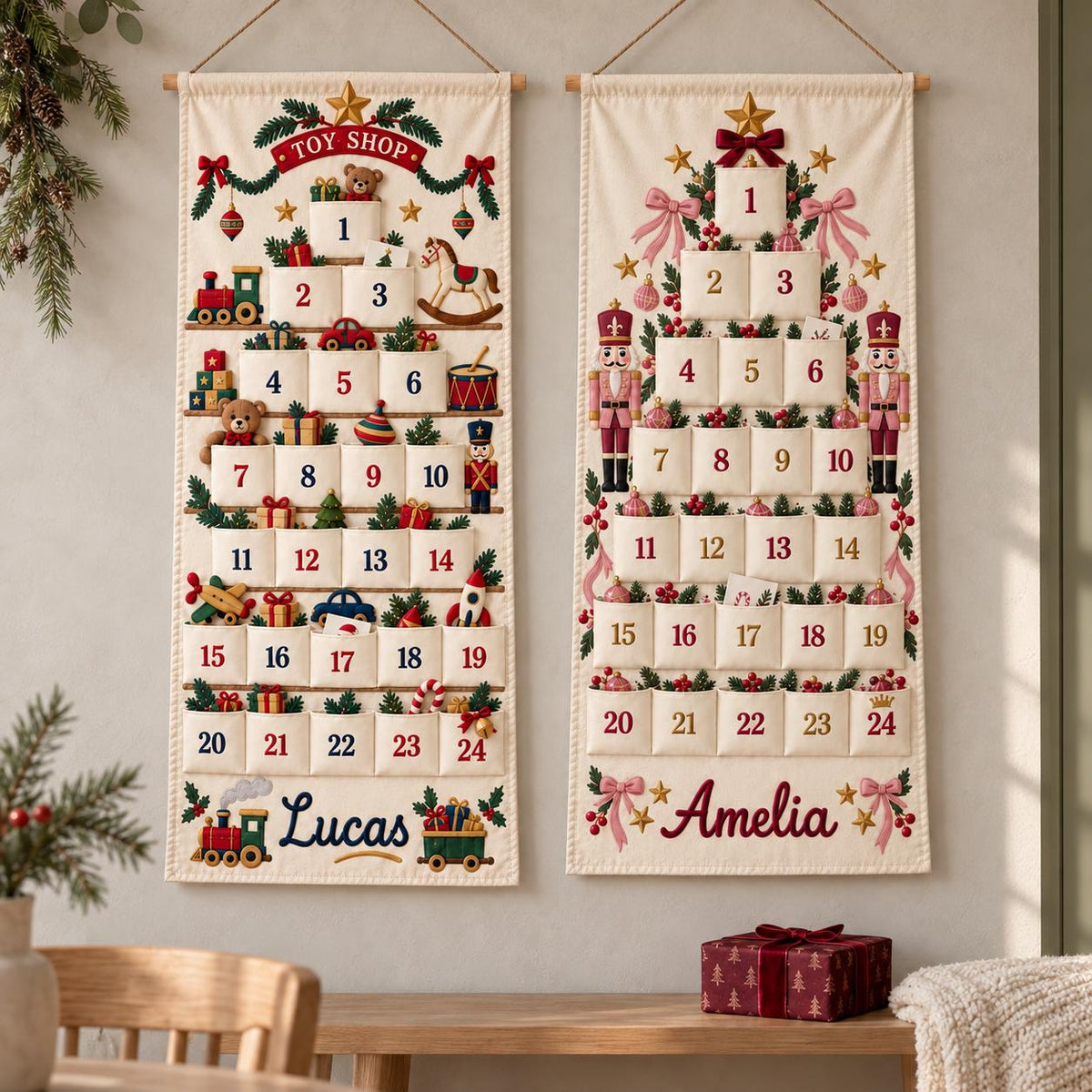 Christmas Advent Calendar with 24 Fillable Pockets – Personalized Reusable Family Countdown