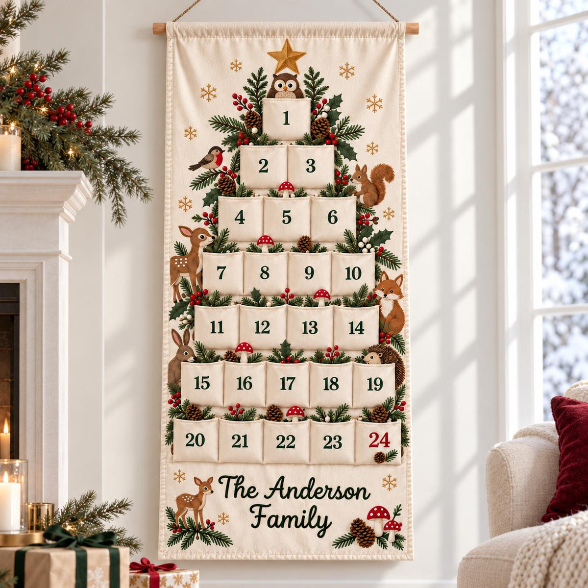 Christmas Advent Calendar with 24 Fillable Pockets – Personalized Reusable Family Countdown