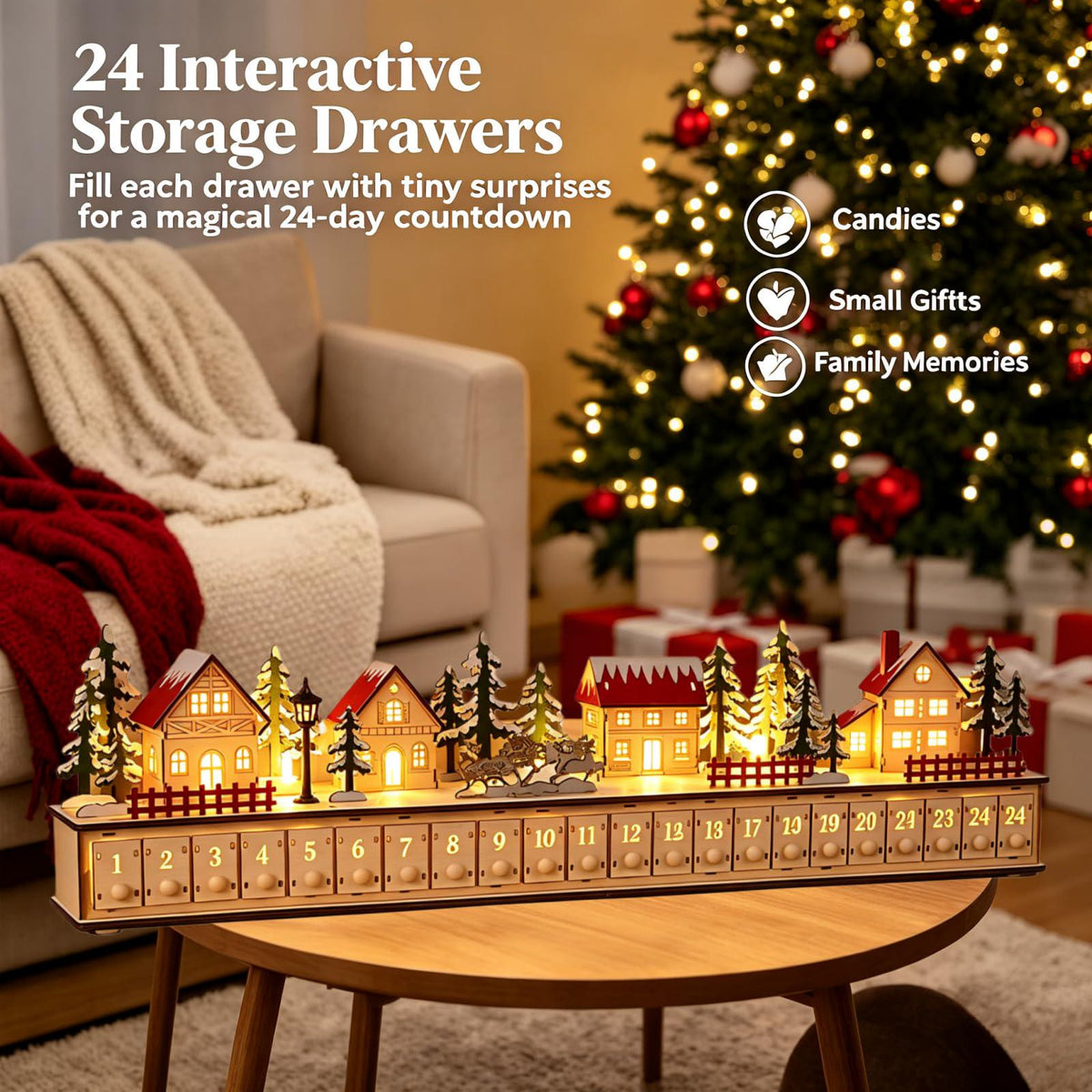 24-Drawer Wooden Advent Calendar – Light-Up Christmas Village Countdown Decoration