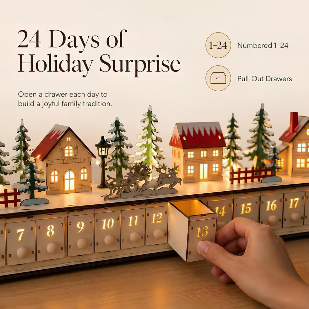 24-Drawer Wooden Advent Calendar – Light-Up Christmas Village Countdown Decoration