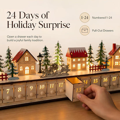 24-Drawer Wooden Advent Calendar – Light-Up Christmas Village Countdown Decoration
