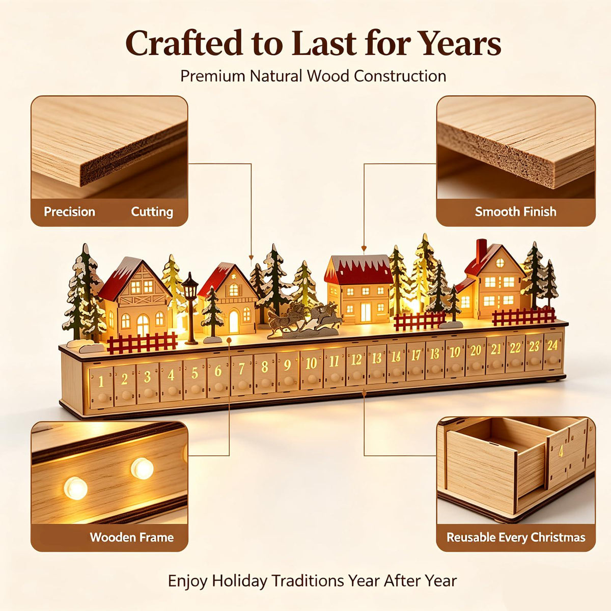 24-Drawer Wooden Advent Calendar – Light-Up Christmas Village Countdown Decoration