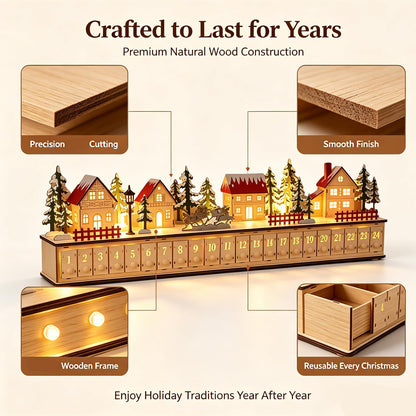 24-Drawer Wooden Advent Calendar – Light-Up Christmas Village Countdown Decoration