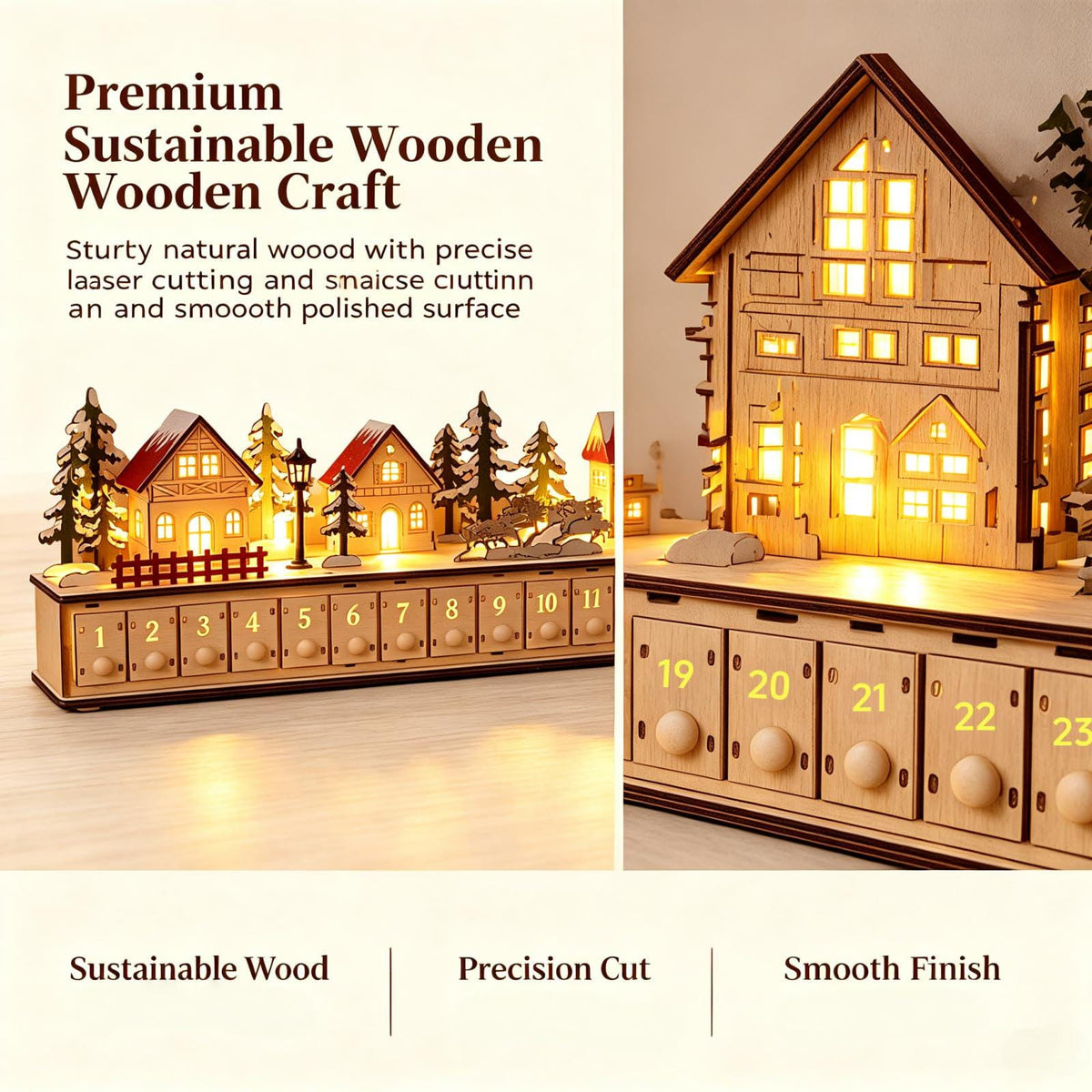 24-Drawer Wooden Advent Calendar – Light-Up Christmas Village Countdown Decoration