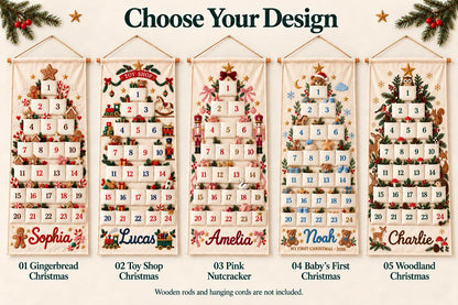 Christmas Advent Calendar with 24 Fillable Pockets – Personalized Reusable Family Countdown