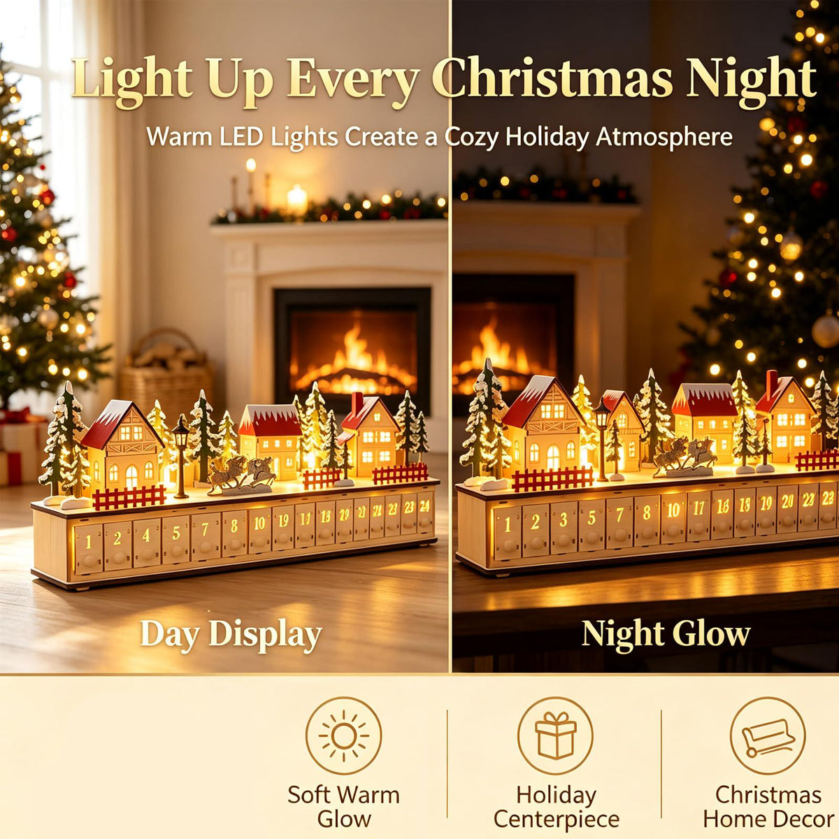 24-Drawer Wooden Advent Calendar – Light-Up Christmas Village Countdown Decoration