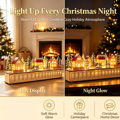 24-Drawer Wooden Advent Calendar – Light-Up Christmas Village Countdown Decoration