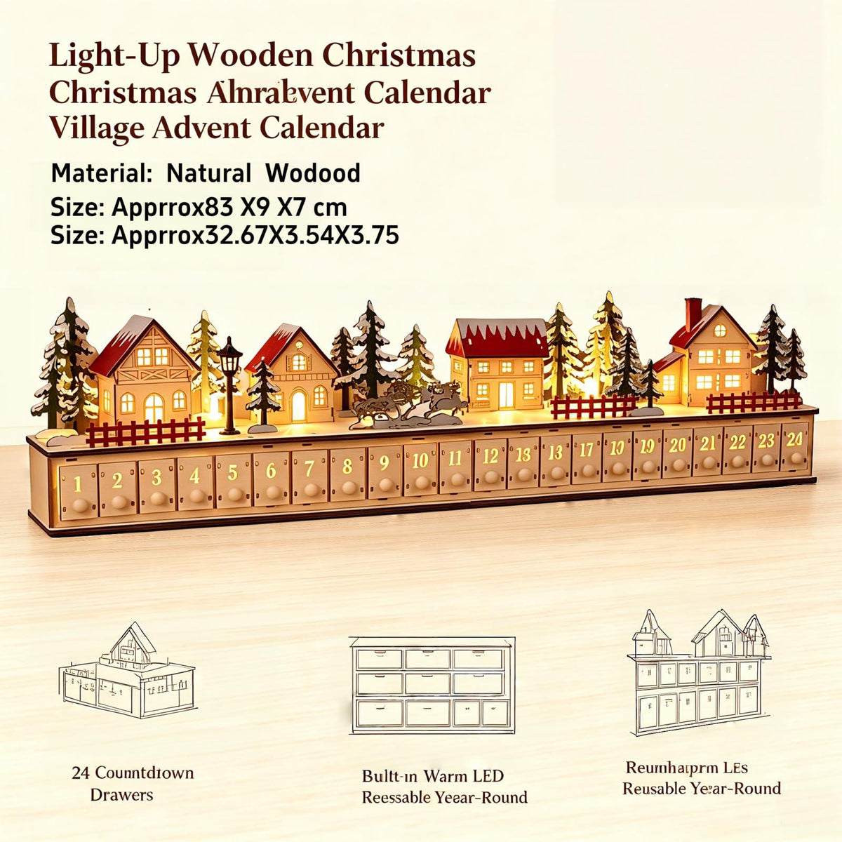 24-Drawer Wooden Advent Calendar – Light-Up Christmas Village Countdown Decoration