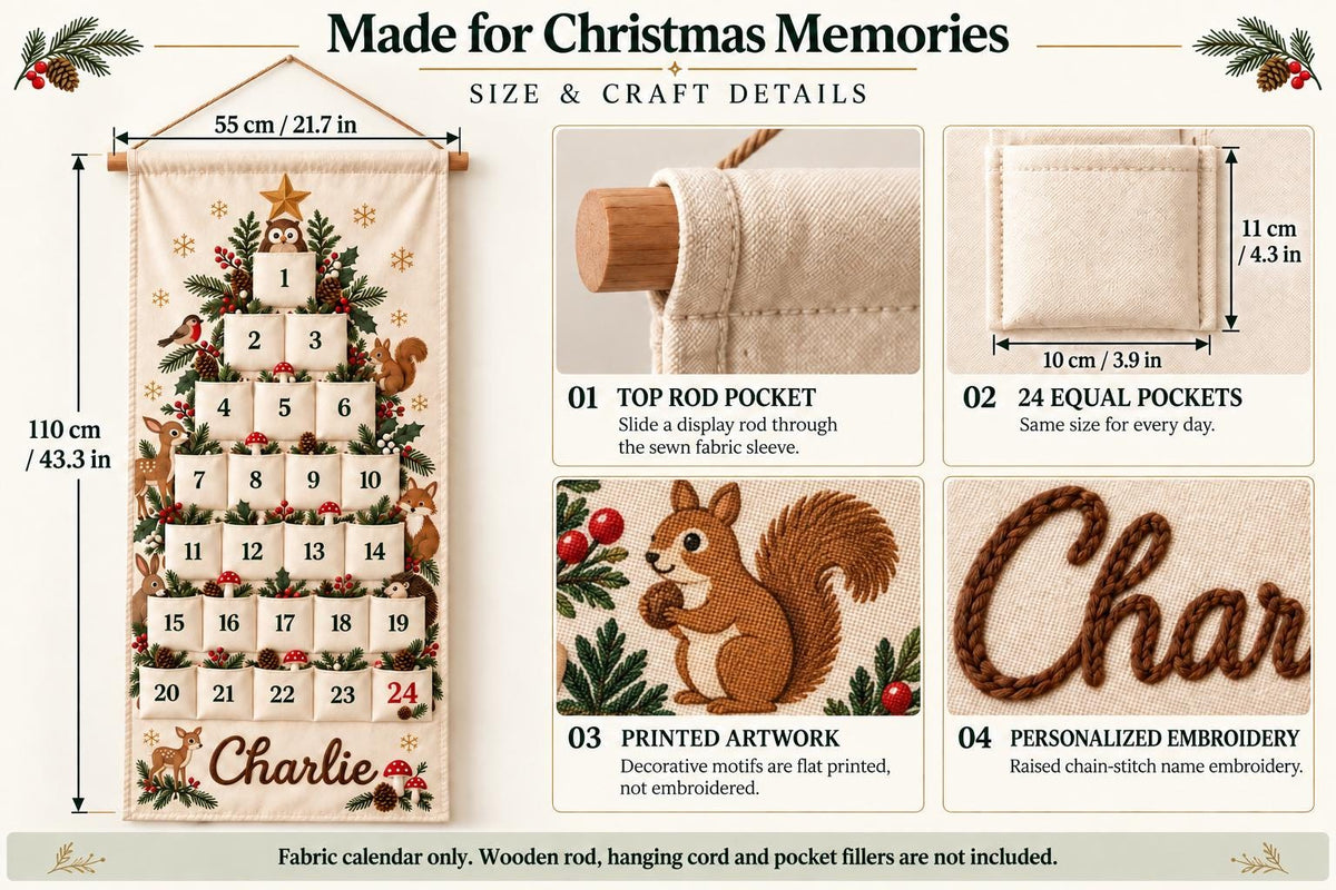 Christmas Advent Calendar with 24 Fillable Pockets – Personalized Reusable Family Countdown