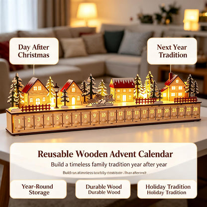 24-Drawer Wooden Advent Calendar – Light-Up Christmas Village Countdown Decoration