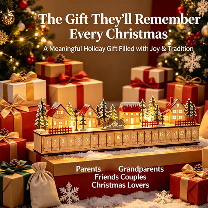 24-Drawer Wooden Advent Calendar – Light-Up Christmas Village Countdown Decoration
