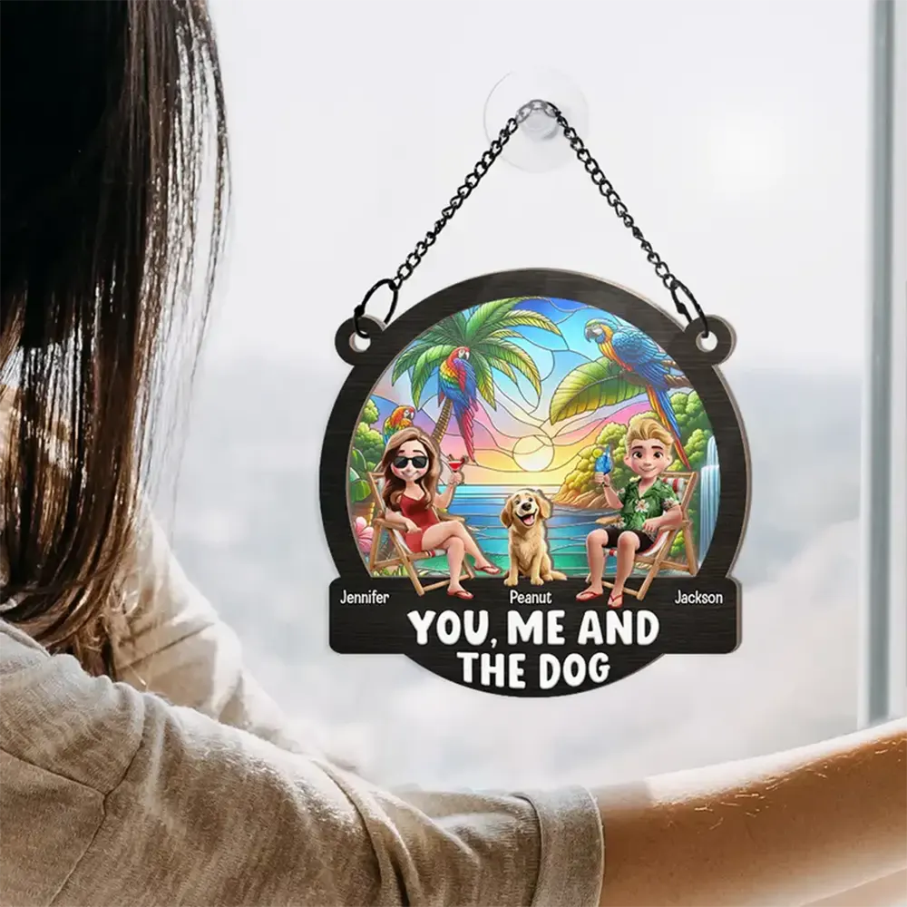 Beach You, Me And The Dog - Personalized Window Hanging Suncatcher Ornament