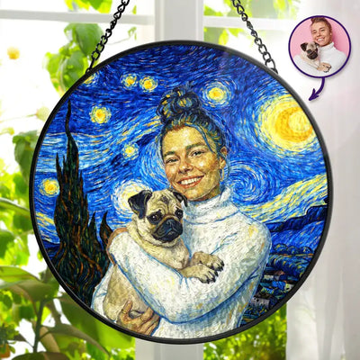 Custom Photo Starry Night Cat Mom Dog Mom Pet Lover - Personalized Stained Glass Window Hanging Suncatcher