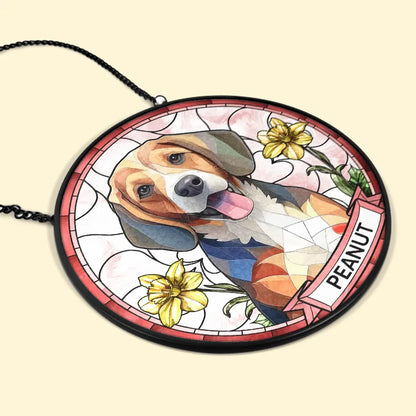 Custom Photo Dog Cat Portrait With Birth Flower - Personalized Stained Glass Window Hanging Suncatcher