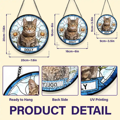 Custom Photo Dog Cat Portrait With Birth Flower - Personalized Stained Glass Window Hanging Suncatcher