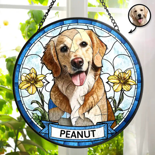 Custom Photo Dog Cat Portrait With Birth Flower - Personalized Stained Glass Window Hanging Suncatcher