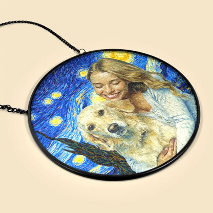 Custom Photo Starry Night Cat Mom Dog Mom Pet Lover - Personalized Stained Glass Window Hanging Suncatcher