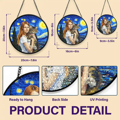 Custom Photo Starry Night Cat Mom Dog Mom Pet Lover - Personalized Stained Glass Window Hanging Suncatcher