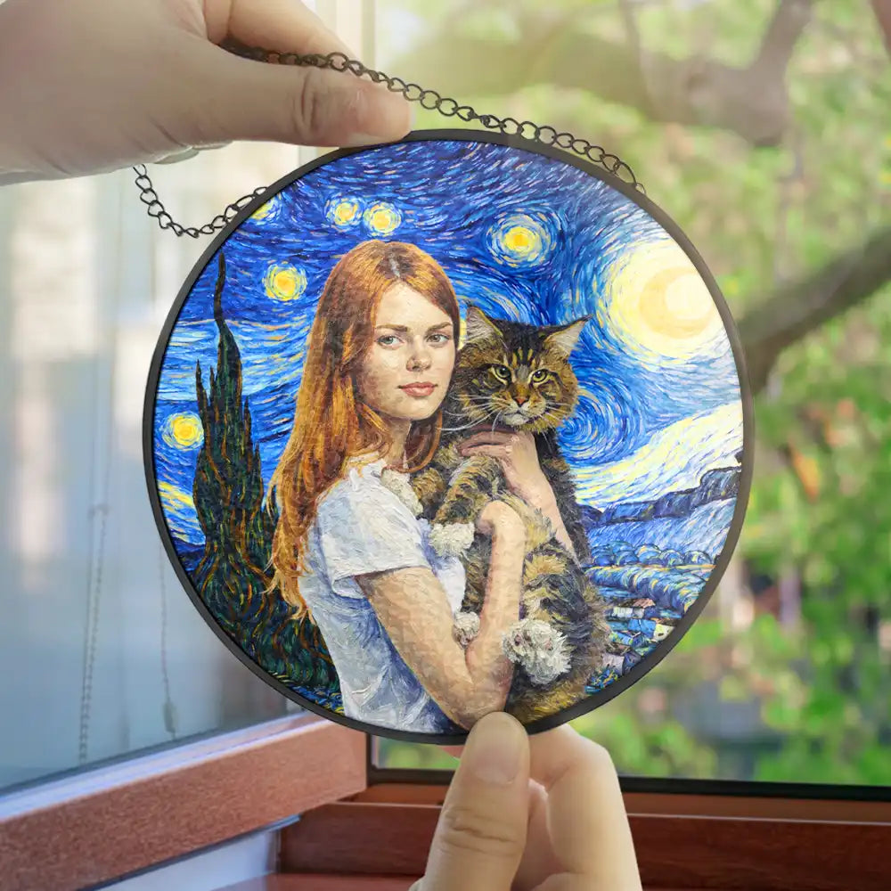 Custom Photo Starry Night Cat Mom Dog Mom Pet Lover - Personalized Stained Glass Window Hanging Suncatcher